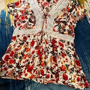 Torrid Red and White Blouse with Tie Front and Bib Collar